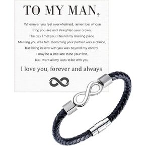 To My Man, Infinity Leather Bracelet, Stainless steel Braided Bracelet Husband Gifts from Wife I Love You Forever and Always Bracelets for Boyfriend Xmas, Birthday, Anniversary Fathers Gifts for Men