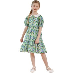 يبتسم بينكر الفتيات الصغيرات الكبيرة بيتر بان طوق فساتين الحفلات الأزهار نفخة قصيرة الأكمام الفراولة الصيف فستان مكشكش in Kuwait