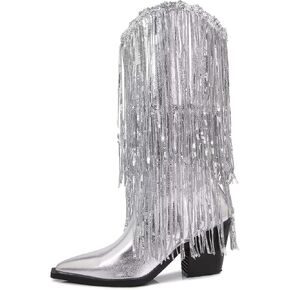 LVSEEMAN المرأة هامش أحذية رعاة البقر الغربية لامع راعية البقر أشار تو منتصف العجل الأحذية الفضية كعب كتلة مكتنزة مع شرابة in Kuwait