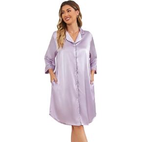 Kasual Women's Satin Nightgown Button Down Sleepshirt Silky Pajama Dress 3/4 Sleeve Sleepwear Boyfriend Nightshirt in Saudi Arabia