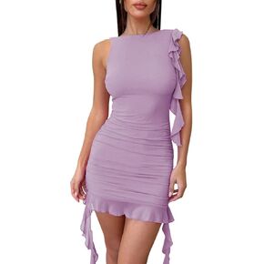 Zwurew Women's Bodycon Mini Dress Summer Sleeveless Ruched Mesh Ruffled Hem Club Party Dresses