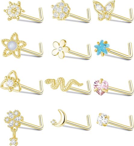 fxiqini 12 قطعة حلقات مسمار الأنف على شكل حرف L مكعب زركونيا من الفولاذ المقاوم للصدأ ترصيع الأنف القمر فراشة ثعبان زهرة قلب أحمر نجمة متدلية ثقب الأنف مجوهرات الأنف مسمار للنساء الرجال 20 جرام فضي ذهبي لهجة in Kuwait