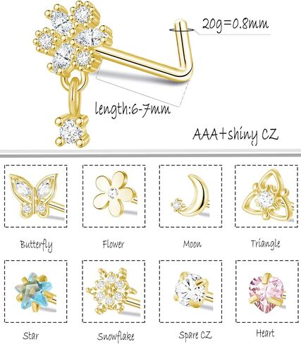 fxiqini 12 قطعة حلقات مسمار الأنف على شكل حرف L مكعب زركونيا من الفولاذ المقاوم للصدأ ترصيع الأنف القمر فراشة ثعبان زهرة قلب أحمر نجمة متدلية ثقب الأنف مجوهرات الأنف مسمار للنساء الرجال 20 جرام فضي ذهبي لهجة in Kuwait
