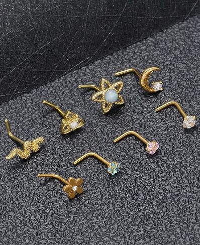 fxiqini 12 قطعة حلقات مسمار الأنف على شكل حرف L مكعب زركونيا من الفولاذ المقاوم للصدأ ترصيع الأنف القمر فراشة ثعبان زهرة قلب أحمر نجمة متدلية ثقب الأنف مجوهرات الأنف مسمار للنساء الرجال 20 جرام فضي ذهبي لهجة in Kuwait