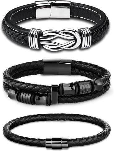 FIBO STEEL 3Pcs Stainless Steel Braided Leather Bracelet for Men Women Leather Wrist Band Cuff Bangle Bracelet 7.5-8.5 inches in Saudi Arabia
