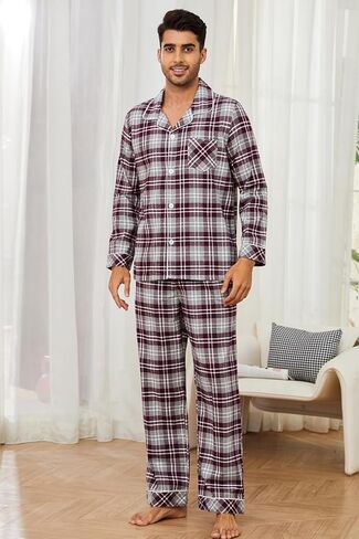 مجموعة بيجامة رجالية من Vulcanodon، 100% قطن فلانيل PJS ناعم منسوج وأكمام طويلة مكونة من قطعتين بأزرار سفلية in Kuwait