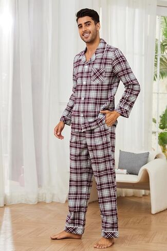 مجموعة بيجامة رجالية من Vulcanodon، 100% قطن فلانيل PJS ناعم منسوج وأكمام طويلة مكونة من قطعتين بأزرار سفلية in Kuwait