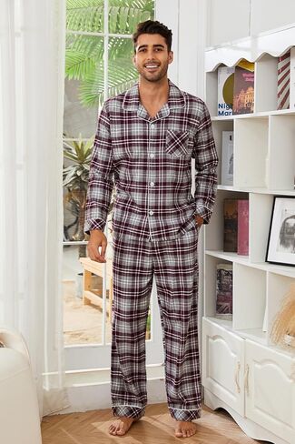 مجموعة بيجامة رجالية من Vulcanodon، 100% قطن فلانيل PJS ناعم منسوج وأكمام طويلة مكونة من قطعتين بأزرار سفلية in Kuwait
