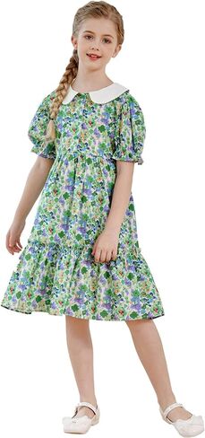 SMILING PINKER Little Big Girls Peter Pan Collar Party Dresses Floral Puff Short Sleeves Strawberry Summer Ruffle Dress in Kuwait