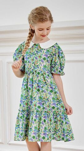 SMILING PINKER Little Big Girls Peter Pan Collar Party Dresses Floral Puff Short Sleeves Strawberry Summer Ruffle Dress in Kuwait