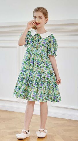 SMILING PINKER Little Big Girls Peter Pan Collar Party Dresses Floral Puff Short Sleeves Strawberry Summer Ruffle Dress in Kuwait