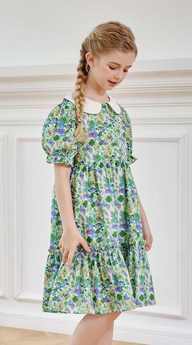 SMILING PINKER Little Big Girls Peter Pan Collar Party Dresses Floral Puff Short Sleeves Strawberry Summer Ruffle Dress in Kuwait