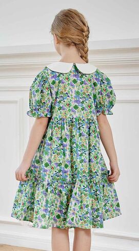 SMILING PINKER Little Big Girls Peter Pan Collar Party Dresses Floral Puff Short Sleeves Strawberry Summer Ruffle Dress in Kuwait