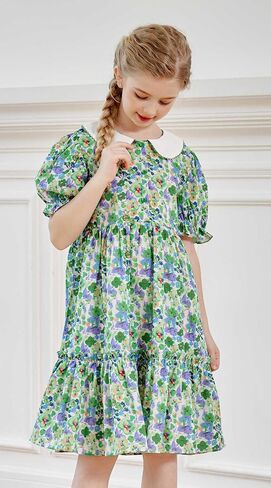 SMILING PINKER Little Big Girls Peter Pan Collar Party Dresses Floral Puff Short Sleeves Strawberry Summer Ruffle Dress in Kuwait