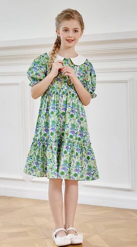 SMILING PINKER Little Big Girls Peter Pan Collar Party Dresses Floral Puff Short Sleeves Strawberry Summer Ruffle Dress in Kuwait