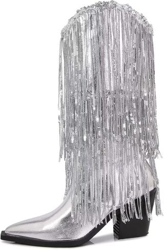 LVSEEMAN المرأة هامش أحذية رعاة البقر الغربية لامع راعية البقر أشار تو منتصف العجل الأحذية الفضية كعب كتلة مكتنزة مع شرابة in Kuwait