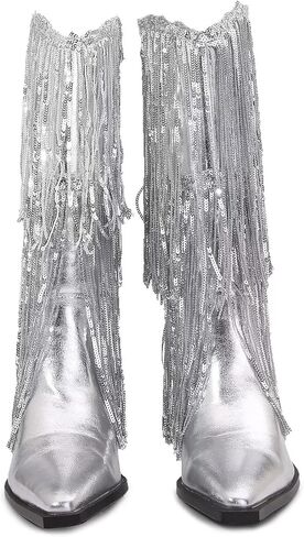 LVSEEMAN المرأة هامش أحذية رعاة البقر الغربية لامع راعية البقر أشار تو منتصف العجل الأحذية الفضية كعب كتلة مكتنزة مع شرابة in Kuwait