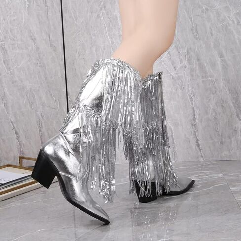 LVSEEMAN المرأة هامش أحذية رعاة البقر الغربية لامع راعية البقر أشار تو منتصف العجل الأحذية الفضية كعب كتلة مكتنزة مع شرابة in Kuwait