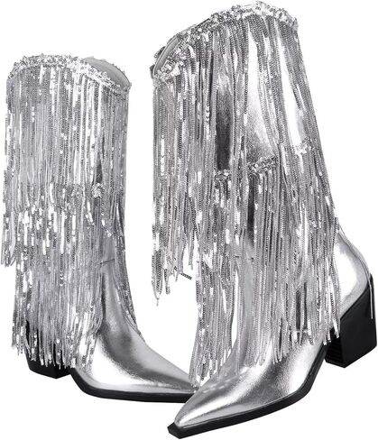 LVSEEMAN المرأة هامش أحذية رعاة البقر الغربية لامع راعية البقر أشار تو منتصف العجل الأحذية الفضية كعب كتلة مكتنزة مع شرابة in Kuwait