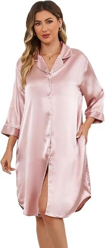 Kasual Women's Satin Nightgown Button Down Sleepshirt Silky Pajama Dress 3/4 Sleeve Sleepwear Boyfriend Nightshirt in Kuwait