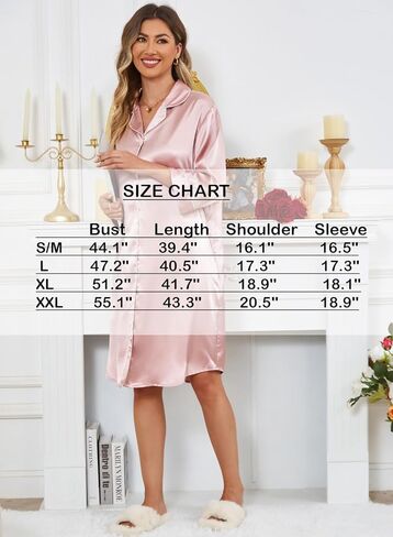Kasual Women's Satin Nightgown Button Down Sleepshirt Silky Pajama Dress 3/4 Sleeve Sleepwear Boyfriend Nightshirt in Kuwait