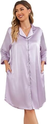Kasual Women's Satin Nightgown Button Down Sleepshirt Silky Pajama Dress 3/4 Sleeve Sleepwear Boyfriend Nightshirt in Saudi Arabia
