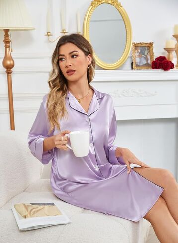 Kasual Women's Satin Nightgown Button Down Sleepshirt Silky Pajama Dress 3/4 Sleeve Sleepwear Boyfriend Nightshirt in Saudi Arabia