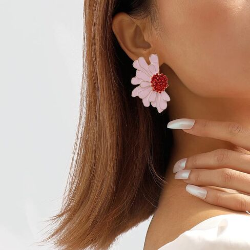Vintage Flower Earrings Exaggerated Double Daisy Flower Floral Earrings Enamel Flower Stud Earrings Jewelry Gift for Women Girls in Kuwait