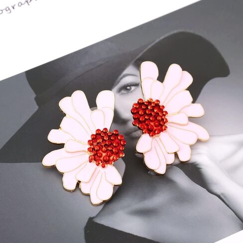 Vintage Flower Earrings Exaggerated Double Daisy Flower Floral Earrings Enamel Flower Stud Earrings Jewelry Gift for Women Girls in Kuwait