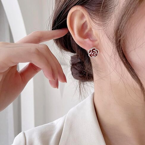 Rose Flower Stud Earrings for Women | Gold Plated Cubic Zirconia Rose Flower Stud Earrings | Dainty Silver Post Flower Earrings with Clear Rhinestone Fashion Jewelry Gift for Women and Teen Girls in Saudi Arabia