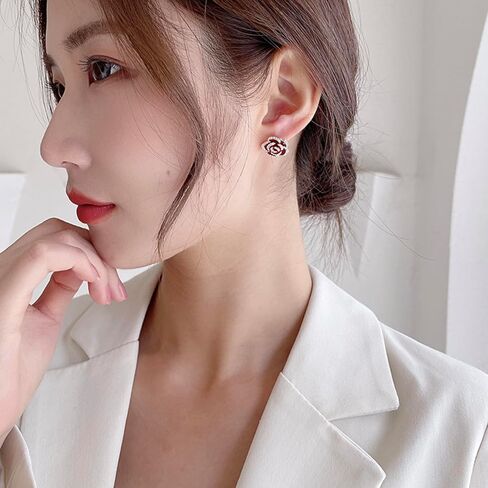 Rose Flower Stud Earrings for Women | Gold Plated Cubic Zirconia Rose Flower Stud Earrings | Dainty Silver Post Flower Earrings with Clear Rhinestone Fashion Jewelry Gift for Women and Teen Girls in Saudi Arabia