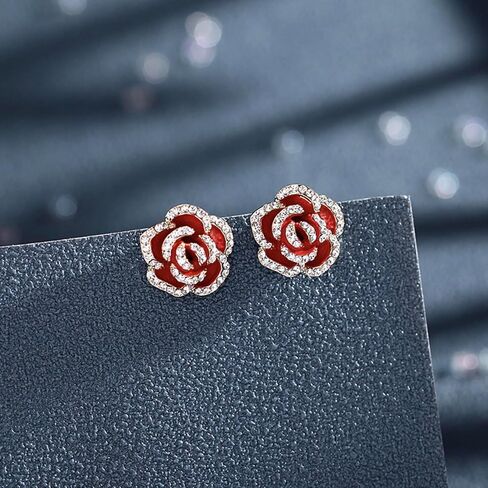 Rose Flower Stud Earrings for Women | Gold Plated Cubic Zirconia Rose Flower Stud Earrings | Dainty Silver Post Flower Earrings with Clear Rhinestone Fashion Jewelry Gift for Women and Teen Girls in Saudi Arabia