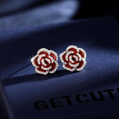 Rose Flower Stud Earrings for Women | Gold Plated Cubic Zirconia Rose Flower Stud Earrings | Dainty Silver Post Flower Earrings with Clear Rhinestone Fashion Jewelry Gift for Women and Teen Girls in Saudi Arabia
