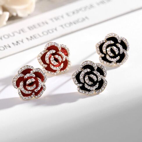 Rose Flower Stud Earrings for Women | Gold Plated Cubic Zirconia Rose Flower Stud Earrings | Dainty Silver Post Flower Earrings with Clear Rhinestone Fashion Jewelry Gift for Women and Teen Girls in Saudi Arabia