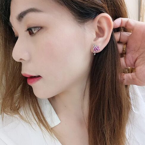 Dainty Flamingo Love Heart Bird Stud Earrings for Women Girls S925 Sterling Silver Cubic Zirconia Small Studs Valentine for Lover for Girlfriend in Saudi Arabia
