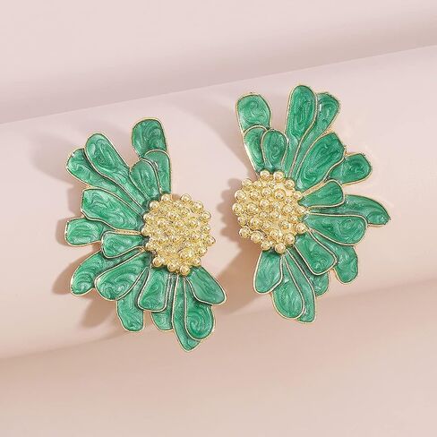 Vintage Flower Earrings Exaggerated Double Daisy Flower Floral Earrings Enamel Flower Stud Earrings Jewelry Gift for Women Girls in Saudi Arabia