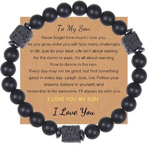 To My Son Bracelet, Mother/Dad and Son Forever Linked Together Mens Natural Beaded Link Bracelet, Handmade Black Agate and Tiger's Eye Stone Bracelets for Son from Mom, Bar Mitzvah Graduation Birthday gifts in Saudi Arabia