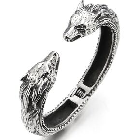 سوار COOLSTEELANDBEYOND بتصميم كلاسيكي من الفولاذ المقاوم للصدأ للرجال على شكل رأس الذئب مع إغلاق زنبركي