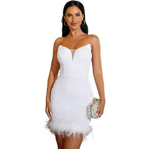 فستان سهرة قصير رسمي للسيدات من Miss ord برقبة على شكل حرف V مزين بالترتر، فستان حفلات بدون حمالات من الريش in Kuwait