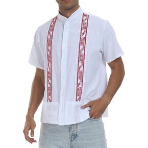 YZXDORWJ Men's Mexican Cuban Shirt Embroidered Traditional Button Down Shirt Summer Band Collar Short Sleeve Tops