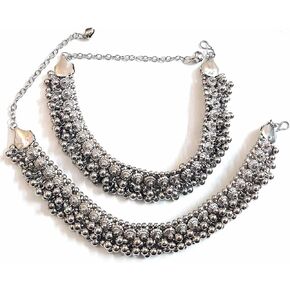 خلخال هندي تقليدي بوليوود من الفضة المؤكسدة مطلي بخرز غونجرو، مجوهرات للنساء والفتيات، نحاس معدني، لؤلؤ in Kuwait