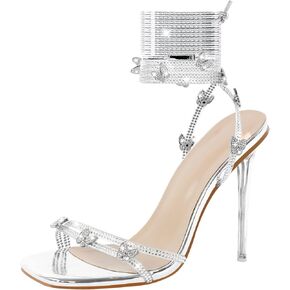 LISHAN Women's Rhinestones Studded Gladiator Lace Up Clear High Heels in Kuwait