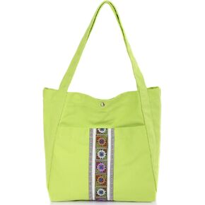 SILKAREA Women Canvas Tote Bag Hobo Purse Multi Pocket Tote Shopper Shoulder Bag Bohemian Top Handle Handbag Embroidered Bags