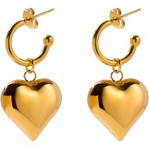 Gold Heart Drop Earrings for Women, Double Heart Statement Dangle Earrings, Trendy 18K Gold Plated Love Earrings Cute Heart Hoop Earrings Jewelry for Girls Valentine Gift
