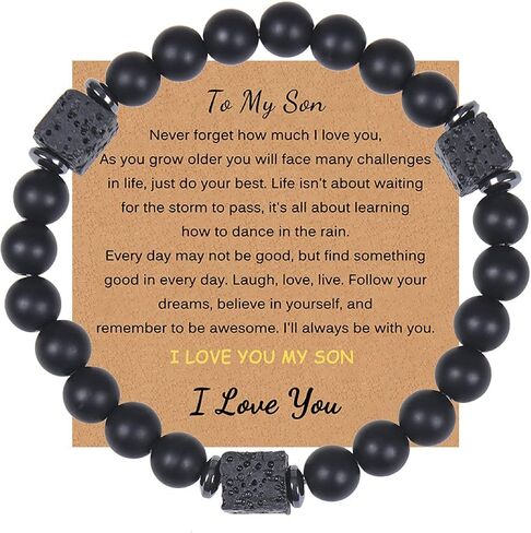 To My Son Bracelet, Mother/Dad and Son Forever Linked Together Mens Natural Beaded Link Bracelet, Handmade Black Agate and Tiger's Eye Stone Bracelets for Son from Mom, Bar Mitzvah Graduation Birthday gifts in Saudi Arabia