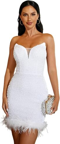 فستان سهرة قصير رسمي للسيدات من Miss ord برقبة على شكل حرف V مزين بالترتر، فستان حفلات بدون حمالات من الريش in Kuwait