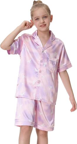 Little Girls Boys Stain Pajamas Set Classic Silk Pjs 2 Piece Loungewear Toddler Kids Button-Down Sleepwear Short/Long Sleeve in Kuwait