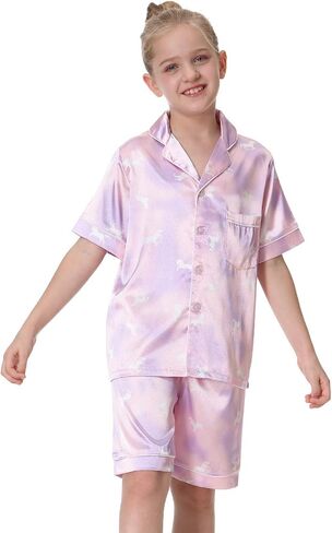 Little Girls Boys Stain Pajamas Set Classic Silk Pjs 2 Piece Loungewear Toddler Kids Button-Down Sleepwear Short/Long Sleeve in Kuwait