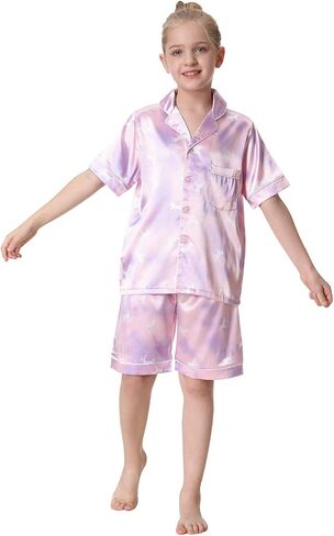 Little Girls Boys Stain Pajamas Set Classic Silk Pjs 2 Piece Loungewear Toddler Kids Button-Down Sleepwear Short/Long Sleeve in Kuwait