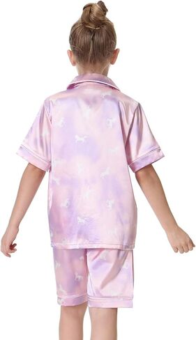 Little Girls Boys Stain Pajamas Set Classic Silk Pjs 2 Piece Loungewear Toddler Kids Button-Down Sleepwear Short/Long Sleeve in Kuwait